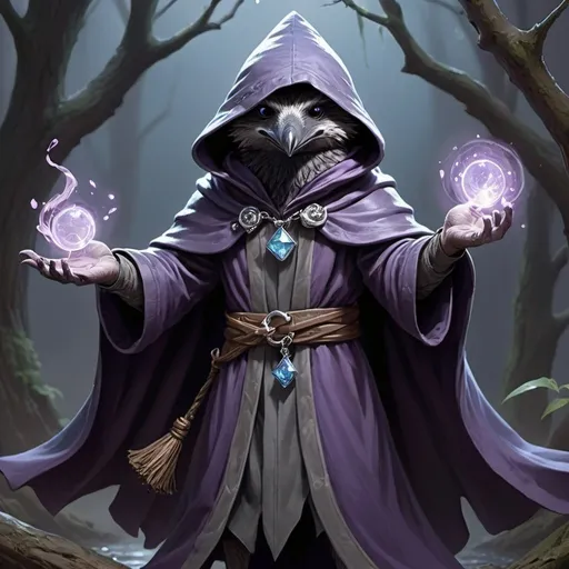 Prompt: Kenku sorcerer from the D&D game casts a spell, lilac streams of magical energy burst out of his paws, and magical seals appear. It has gray plumage and bright lilac eyes. He is dressed in a hood, a long dark gray cloak, the front of the cloak is secured with a silver chain near the collarbones, and on the left chest there is a silver brooch with a pale blue gem. He is excited and smiles playfully. Highly detailed.