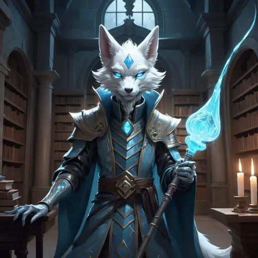 Prompt: A slender humanoid kitsune in the stylish armor of a sorcerer with a metal rod in his hands creates a funnel of magical pale blue wind in front of interior of a stone mansion with a library in the midnight, Dr. Atl, vanitas, league of legends splash art, cyberpunk art