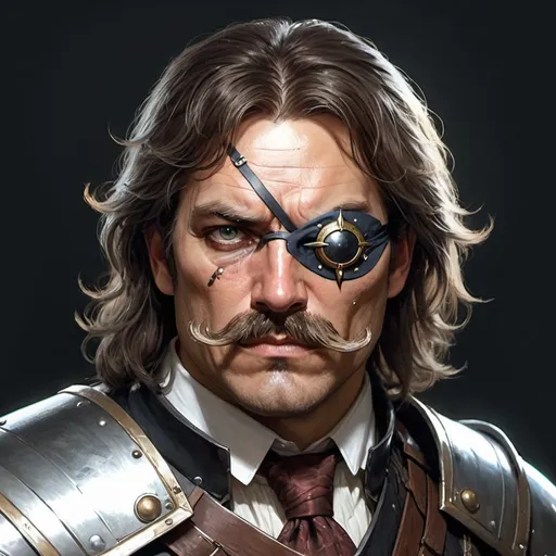 Prompt: a 40 years old man in plate armor wearing a fake eye patch with a tie covering the eye on the left eye and with thick hair and mustache, Aleksi Briclot, antipodeans, epic fantasy character art