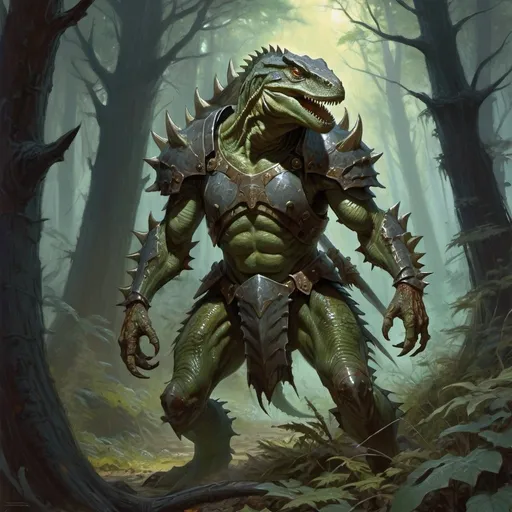 Prompt: zombie lizardman-warrior in heavy armor wanders through the dark forest, Donato Giancola, fantasy art, epic fantasy character art, concept art