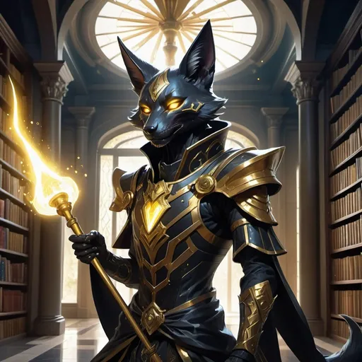 Prompt: A slender humanoid black kitsune in the stylish armor of a sorcerer with a metal rod in his hands creates a funnel of magical golden rays in front of interior of a stone mansion with a library in the midnight, Dr. Atl, vanitas, league of legends splash art, cyberpunk art