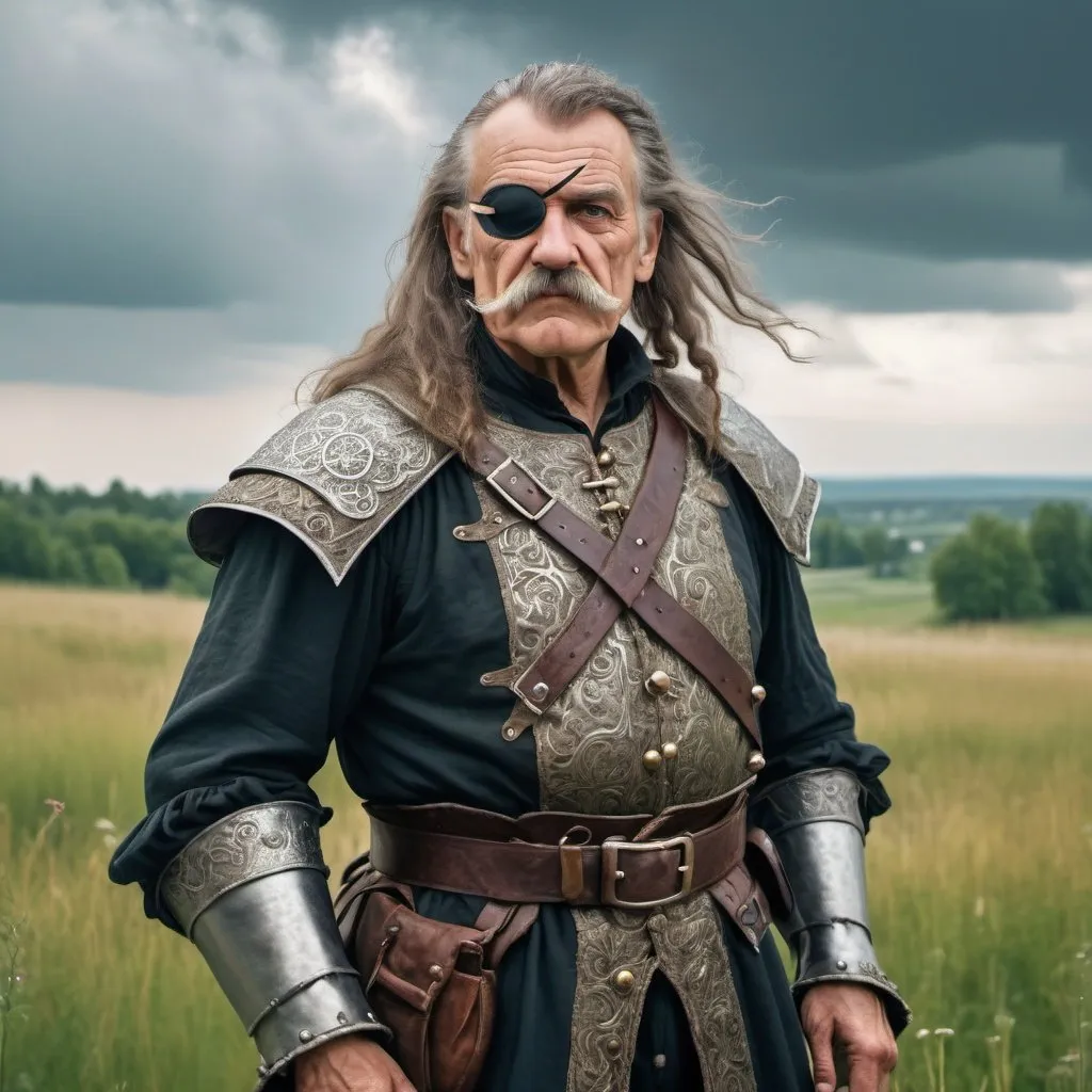 Prompt: a old man in Hussite armor with eye patch like a pirate, with thick hair and mustache, stands against the backdrop of a meadow in cloudy weather, antipodeans, fantasy character art