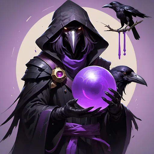Prompt: a kenku crow in a black outfit holding a purple object in his hand and a purple object in his other hand, Dr. Atl, vanitas, league of legends splash art, cyberpunk art