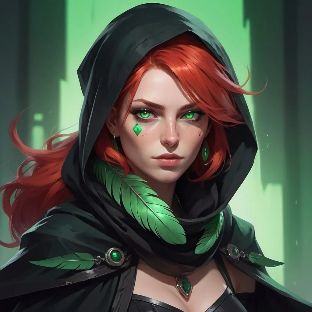 Prompt: a scandinavian woman-witch with red hair and green eyes wearing a black outfit and a black scarf with green feathers on her head and a black snood around her neck and and cape, Dr. Atl, vanitas, league of legends splash art, cyberpunk art