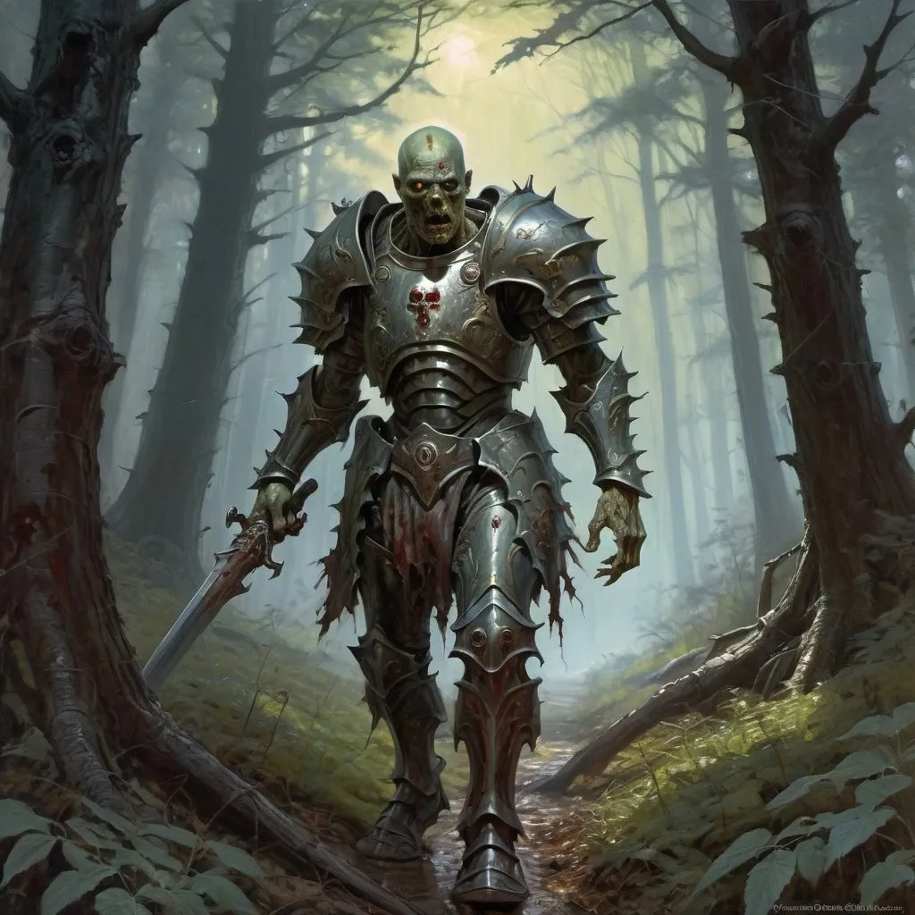 Prompt: zombie human-warrior in heavy armor wanders through the dark forest, Donato Giancola, fantasy art, epic fantasy character art, concept art