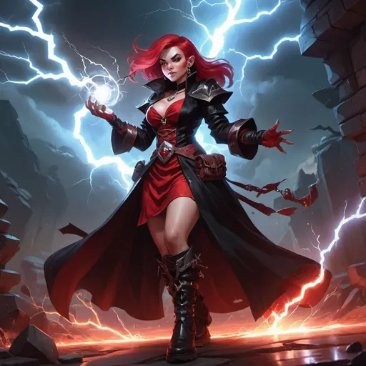 Prompt: a dwarf woman witch from Dungeons and Dragons in a red and black dress and a black coat and boots causes a lightning, Dr. Atl, vanitas, league of legends splash art, cyberpunk art