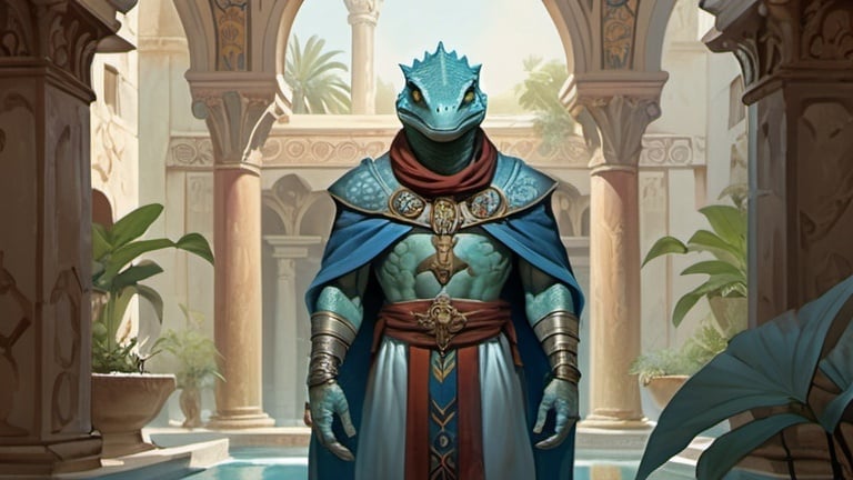 Prompt: A pale blue lizardman aristocrat dressed in Byzantine clothes and a silk scarf on his shoulders standing in front of a Byzantine temple interior with curtains and pools and vegetation, Art of Brom, fantasy art, epic fantasy character art, concept art