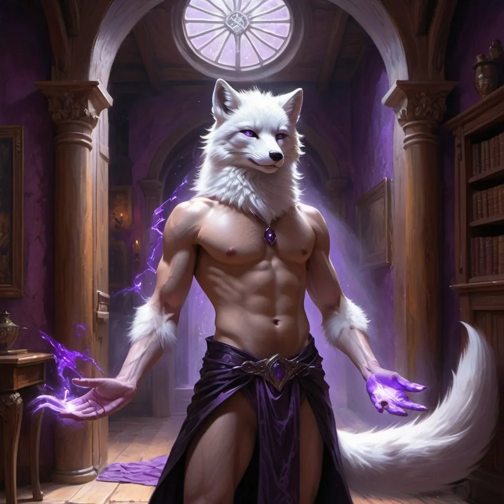 Prompt: male kitsune-arctic fox in a bare-chested revealing black outfit with purple energy covering his hand in front of the interior of an medieval aristocrat's house creates rays of purple energy, Donato Giancola, fantasy art, epic fantasy character art, concept art
