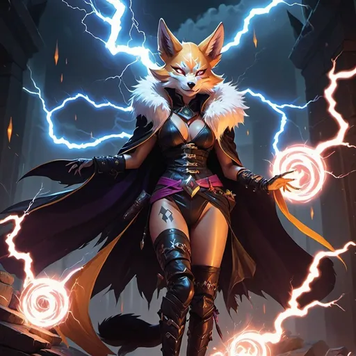 Prompt: a kitsune woman witch from Dungeons and Dragons with a fur-covered body in a mantle and boots causes a lightning, Dr. Atl, vanitas, league of legends splash art, cyberpunk art