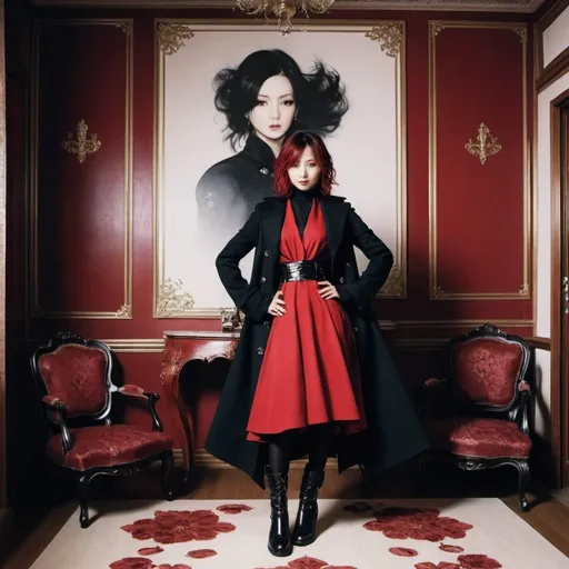 Prompt: a woman in a red and black dress and a black coat and boots is posing for a picture in a room, Ayami Kojima, arabesque, vogue, a poster