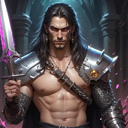 Prompt: a bare-chested man with a long hair dressed like an warrior in chain mail shirt on holding a scimitar in his hand, Dr. Atl, vanitas, league of legends splash art, cyberpunk art