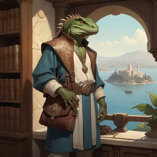 Prompt: a pale lizardman engineer with scrolls in his hand and shoulder bag with scrolls in armenian clothes standing in front of interior of cabinet overlooking the bay and vegetation in Byzantine style, Art of Brom, fantasy art, epic fantasy character art, concept art