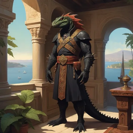 Prompt: a black lizardman architect with scrolls in his hand in armenian clothes standing in front of interior of cabinet overlooking the bay and vegetation in Byzantine style, Art of Brom, fantasy art, epic fantasy character art, concept art