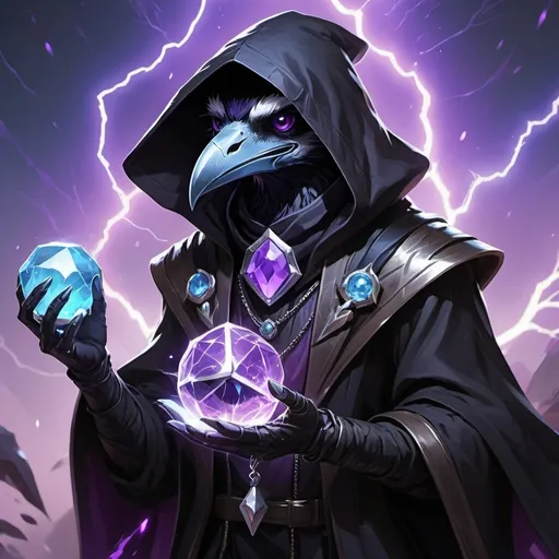 Prompt: a young kenku-crow in a black outfit with a silver brooch with a pale blue gem holding a purple object in his hand and a purple magical lightning in his other hand, Dr. Atl, vanitas, league of legends splash art, cyberpunk art