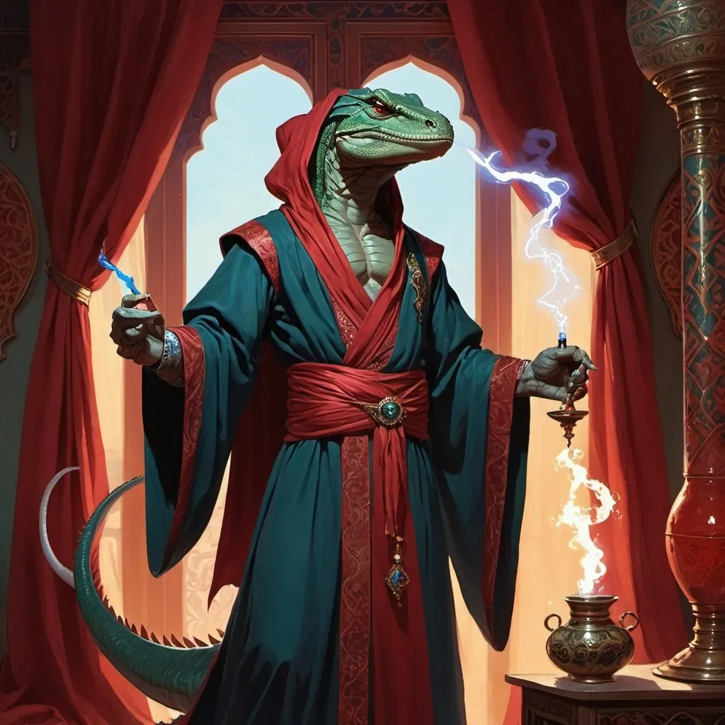 Prompt: a dark lizardman sorcerer in Persian robes with a blowing in the wind ribbon on his shoulder and a scarlet magic lightning in his hand, standing in front of a Persian interior with hookah and satin curtains, Art of Brom, fantasy art, epic fantasy character art