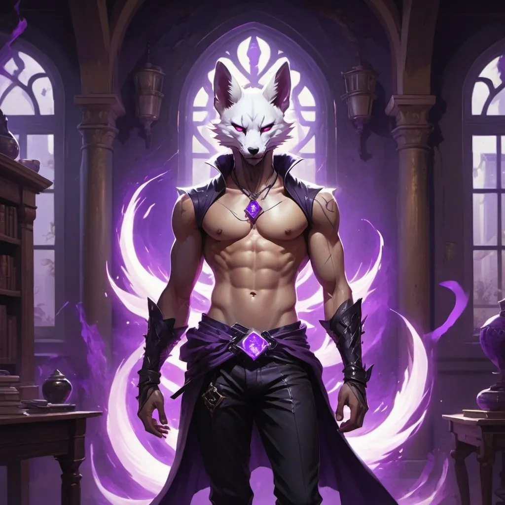 Prompt: male kitsune in a bare-chested revealing black outfit in front of the interior of an medieval aristocrat's house creates rays of purple energy, Dr. Atl, vanitas, league of legends splash art, cyberpunk art