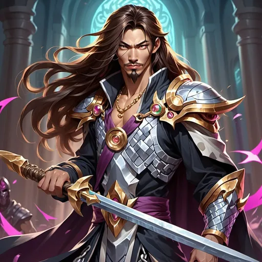 Prompt: a man a long hair with a long hair dressed like an slavic warrior in chain mail shirt on holding a scimitar in his hand, Dr. Atl, vanitas, league of legends splash art, cyberpunk art