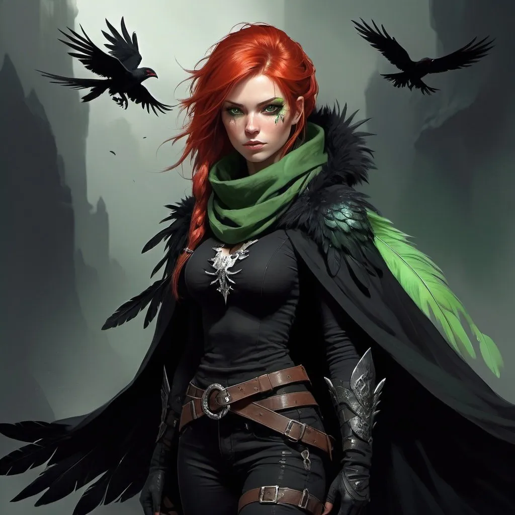 Prompt: a scandinavian woman monster hunter with red hair and green eyes wearing a black outfit and a black scarf with green feathers on her head and a black snood around her neck and and cape, full length, Aleksi Briclot, gothic art, deviantart artstation, a fine art painting