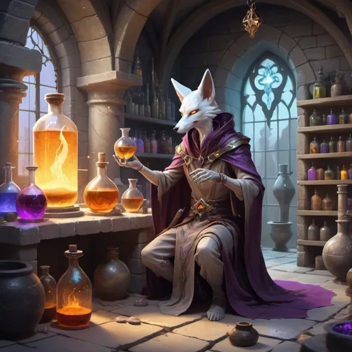 Prompt: A slender humanoid sand kitsune dressed as wizard mixes potions in front of interior of a fantasy medieval stone alchemical laboratory, Dr. Atl, vanitas, league of legends splash art, cyberpunk art