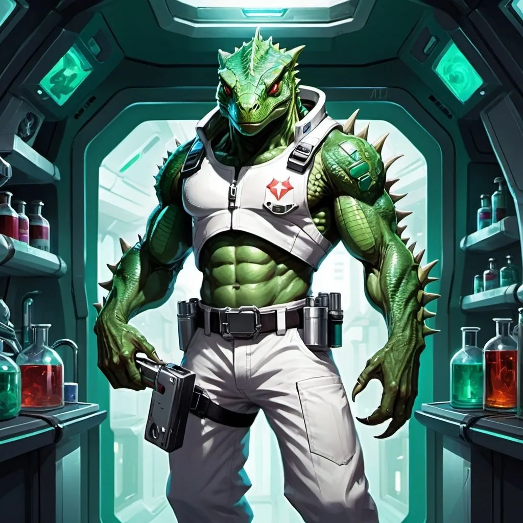 Prompt: A muscular green lizardman with a syringe pistol in his hands dressed in a tight white medical overall with flasks on his belt stands against the interior of a futuristic spaceship, Dr. Atl, vanitas, league of legends splash art, cyberpunk art