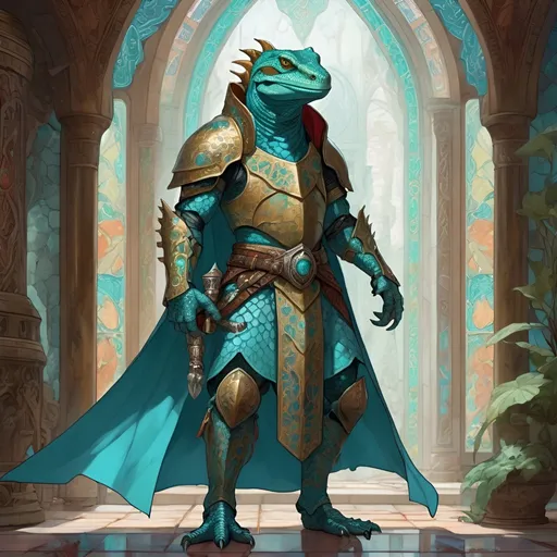 Prompt: A lizardfolk paladin with a khopesh in his right hand, he stands against the background of a fantasy temple interior, his muzzle looks like a cayman, he smiles reservedly, colored stained glass windows from which daylight falls, curtains hanging down to the floor. He is dressed in oriental style metal heavy armor. Behind his back is a turquoise cloak. Its scales are pale blue. He mysteriously looks somewhere into the distance. Highly detailed.