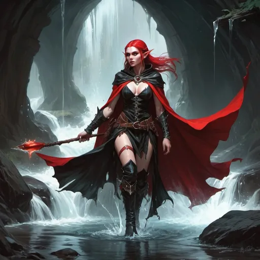 Prompt: a elf woman witch from Dungeons and Dragons in a red and black mantle and boots causes a streams of water, Aleksi Briclot, gothic art, deviantart artstation, a fine art painting