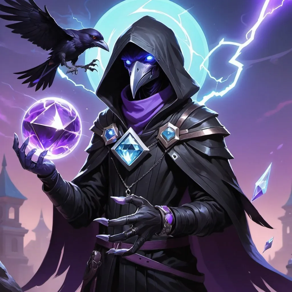 Prompt: a young friendly kenku crow in a black outfit with a silver brooch with a pale blue gem holding a purple object in his hand and a purple magical lightning in his other hand, Dr. Atl, vanitas, league of legends splash art, cyberpunk art