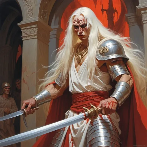 Prompt: a tall man dressed like an slavic warrior with a saber and a long white hair and chain mail shirt on from Transylvania holding a knife in his hand and a bloody face, Donato Giancola, fantasy art, epic fantasy character art, concept art