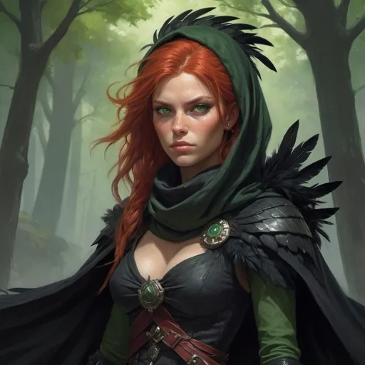 Prompt: a scandinavian woman monster hunter with red hair and green eyes wearing a black outfit and cape and a black scarf with green feathers on her head and a black snood around her neck and on her chest, full length, Donato Giancola, fantasy art, epic fantasy character art, concept art