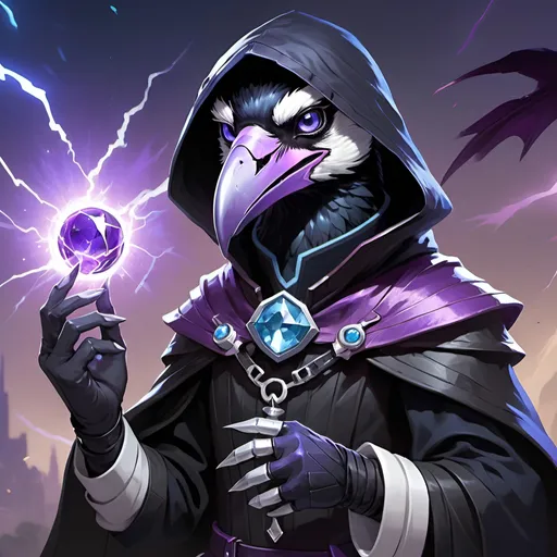 Prompt: a young friendly kenku crow upper part of the muzzle is white blue eyes in a black outfit with a silver brooch with a pale blue gem holding a purple object in his hand and a purple magical lightning in his other hand, Dr. Atl, vanitas, league of legends splash art, cyberpunk art