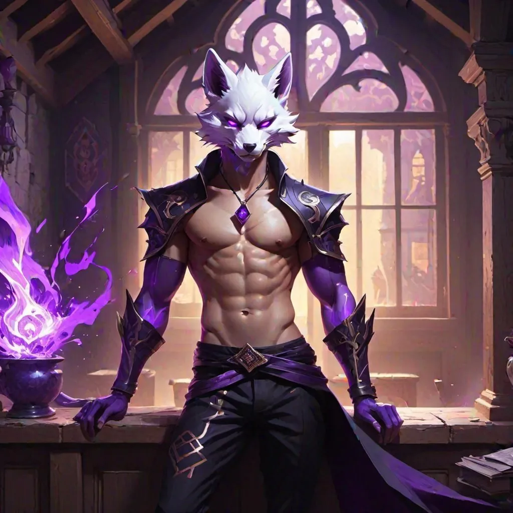 Prompt: male kitsune in a bare-chested revealing black outfit in front of the interior of an medieval aristocrat's house creates rays of purple energy, Dr. Atl, vanitas, league of legends splash art, cyberpunk art