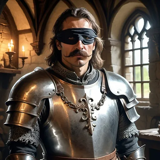 Prompt: a 40 years old man in plate armor wearing a with a blindfold covering the eye on the left eye and with thick hair and mustache standing in front of interior of medieval manor, Aleksi Briclot, antipodeans, epic fantasy character art