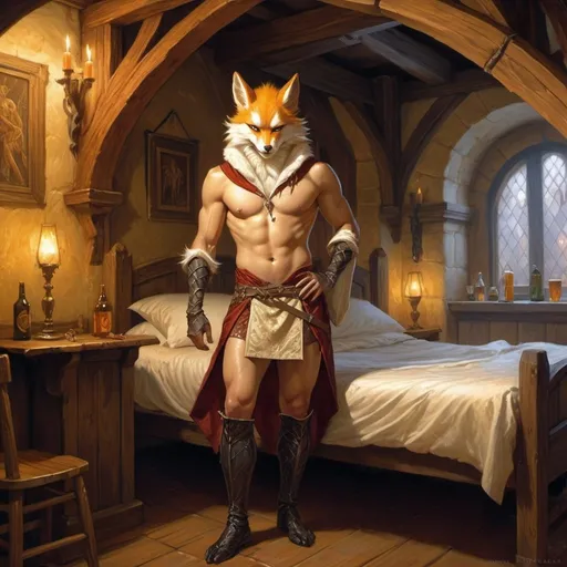 Prompt: male kitsune in a revealing outfit against the backdrop of the bedroom interior of a medieval tavern, Donato Giancola, fantasy art, epic fantasy character art, concept art