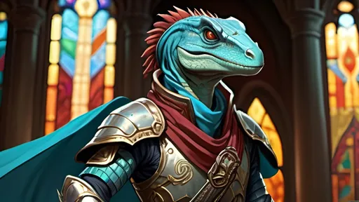 Prompt: A lizardfolk paladin with a khopesh in his right hand, slim athletic build, his muzzle looks like a velociraptor, he smiles reservedly, his scales are pale blue, he mysteriously looks somewhere into the distance. He is dressed in oriental style metal heavy armor, he is wearing a silk scarf that flutters in the wind. Behind his back is a turquoise cloak. He stands against the background of a fantasy temple interior, colored stained glass windows from which daylight falls, curtains hanging down to the floor. Highly detailed.