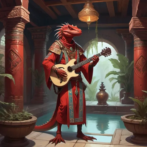 Prompt: a red lizardman bard with a musical instrument in his hand in Byzantine robes standing in front of interior of aztec tavern interior in Byzantine style with pools and hookah and vegetation, Art of Brom, fantasy art, epic fantasy character art, concept art