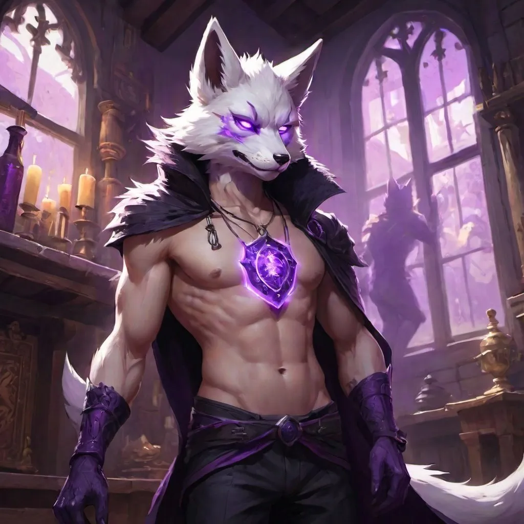 Prompt: male kitsune with furry body like a furry in a bare-chested revealing black outfit in front of the interior of an medieval aristocrat's house creates rays of purple energy, Dr. Atl, vanitas, league of legends splash art, cyberpunk art