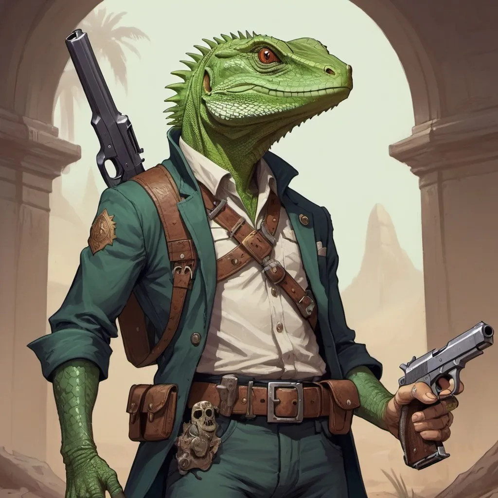 Prompt: a bare-breasted lizardfolk with with an old pistol and a lizard on his back, holding a pistol in his hand, with pistols on his belt, Adam Rex, furry art, epic fantasy character art, concept art