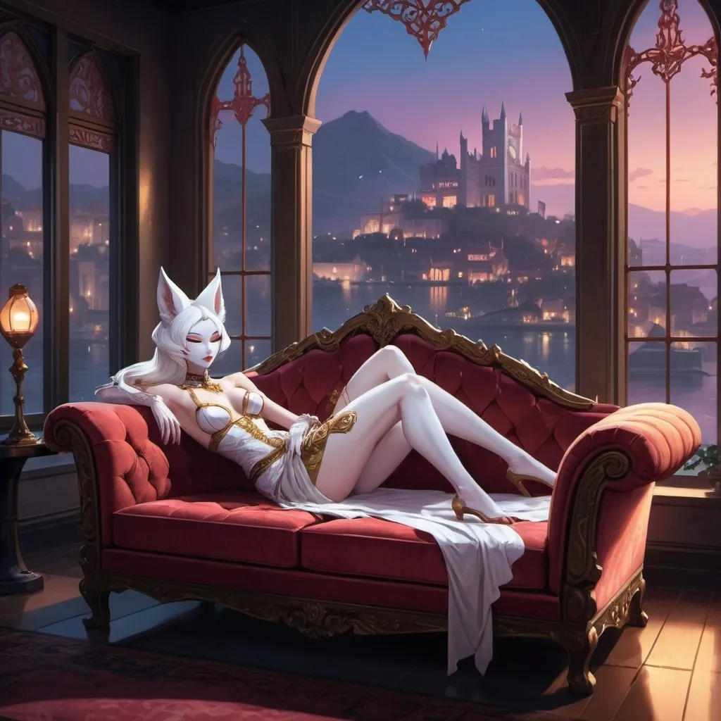 Prompt: A slender humanoid white male kitsune dressed as a courtesan lying on a luxurious sofa in front of interior of a fantasy estate with window overlooking the night medieval city with a bay, Dr. Atl, vanitas, league of legends splash art, cyberpunk art