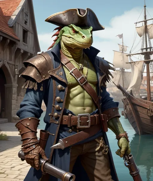 Prompt: a bare chested lizardman with scars on his chest and with a pirate cocked hat on his head holding a antique hand cannon in his hand rests a hand cannon on his shoulder standing in front of medieval harbor, with medieval hand cannons on his belt, Dirk Crabeth, furry art, epic fantasy character art, concept art