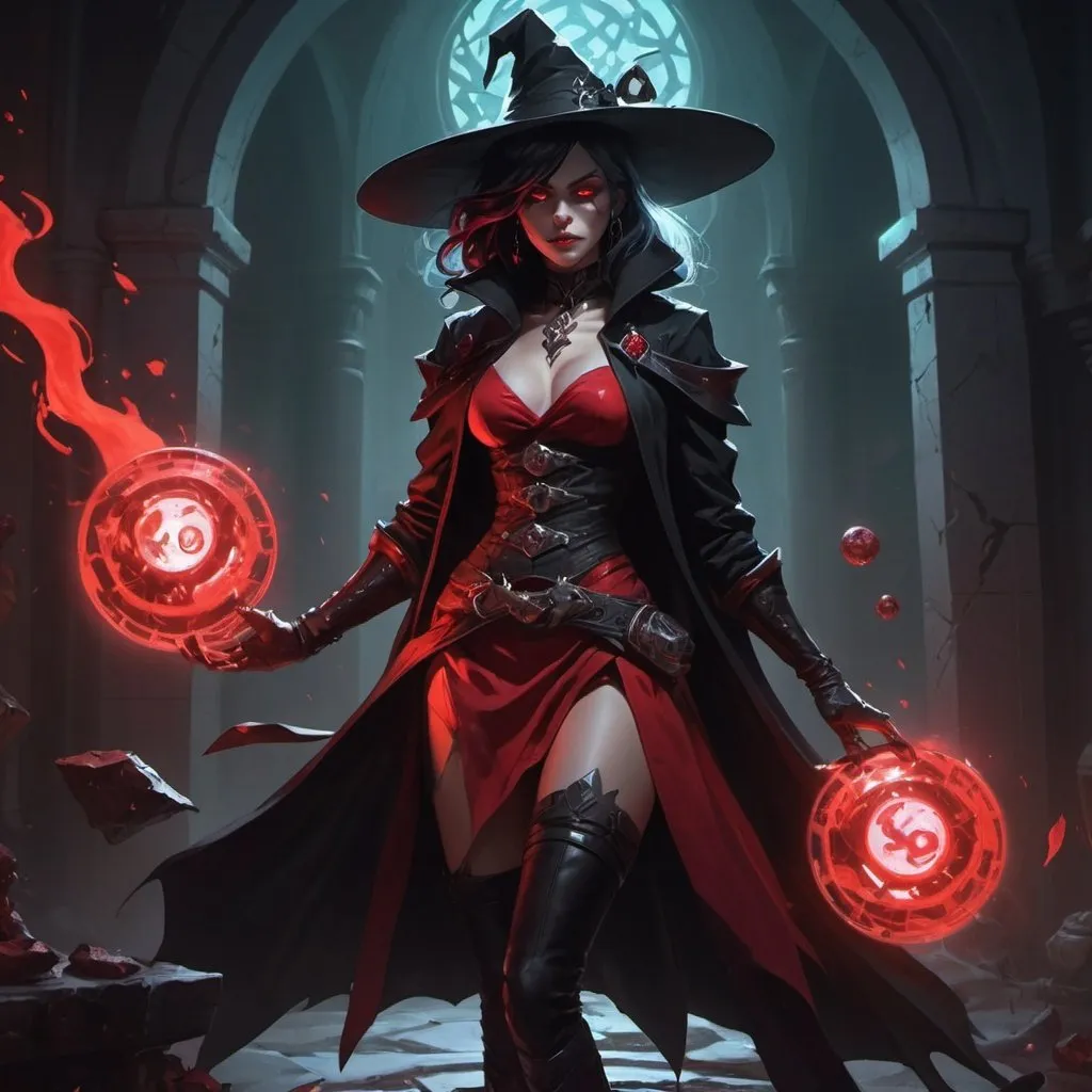 Prompt: a woman witch from Dungeons and Dragons in a red and black dress and a black coat and boots causes a dark light, Dr. Atl, vanitas, league of legends splash art, cyberpunk art