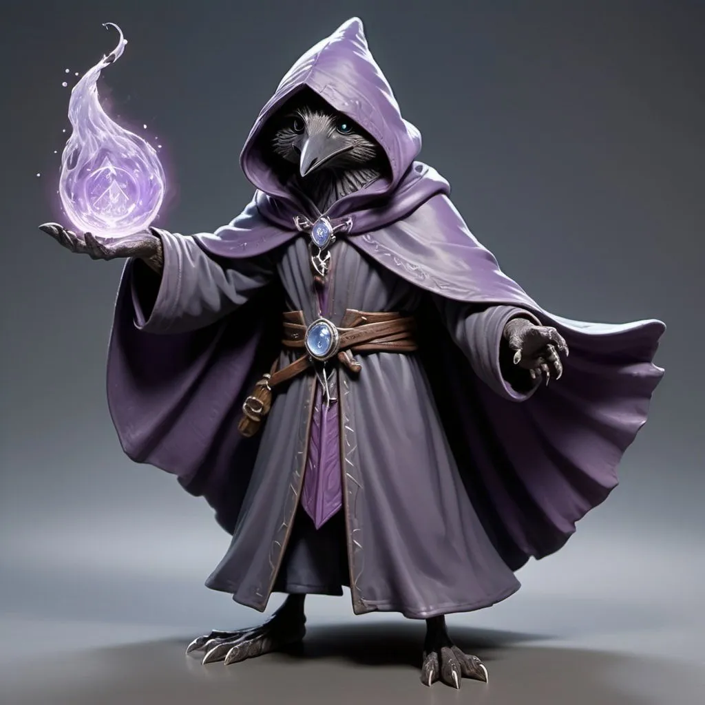 Prompt: Kenku sorcerer from the D&D game casts a spell, lilac streams of magical energy burst out of his paws, and magical seals appear. It has gray plumage and bright lilac eyes. He is dressed in a hood, a long dark gray cloak, the front of the cloak is secured with a silver chain near the collarbones, and on the left chest there is a silver brooch with a pale blue gem. He is excited and smiles playfully. Highly detailed.