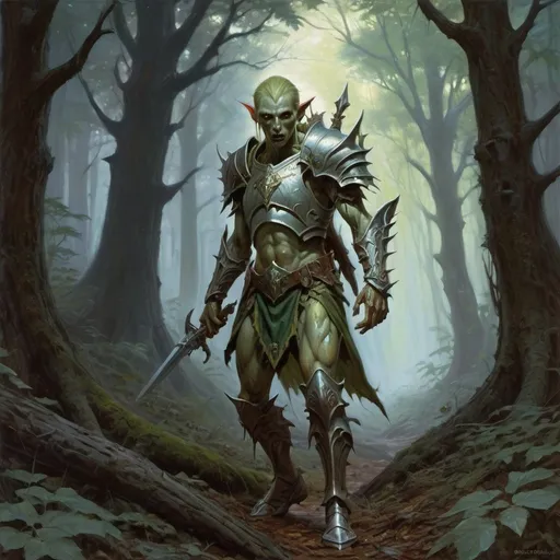 Prompt: zombie elf-warrior in light armor wanders through the dark forest, Donato Giancola, fantasy art, epic fantasy character art, concept art