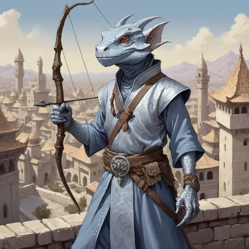 Prompt: a silver lizard-kobold from Dungeons and Dragons with a horned head and a bow in his hand wearing pale indigo arabic clothes, holding a bow at the ready in his hand, standing in front of a medieval oriental fantasy city background, Art of Brom, sots art, epic fantasy character art, a character portrait