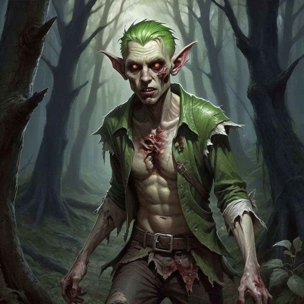 Prompt: zombie elf in torn clothes wanders through the dark forest, Chris Rahn, fantasy art, epic fantasy character art, a character portrait