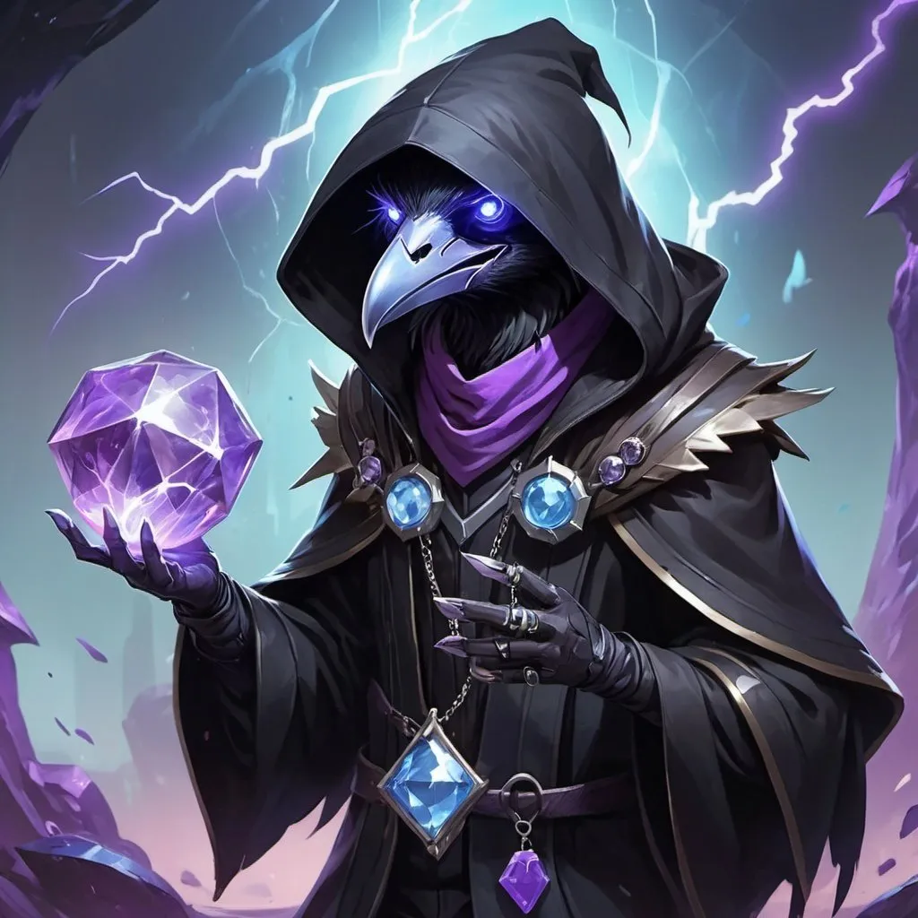 Prompt: a young friendly kenku crow in a black outfit with a silver brooch with a pale blue gem holding a purple object in his hand and a purple magical lightning in his other hand, Dr. Atl, vanitas, league of legends splash art, cyberpunk art