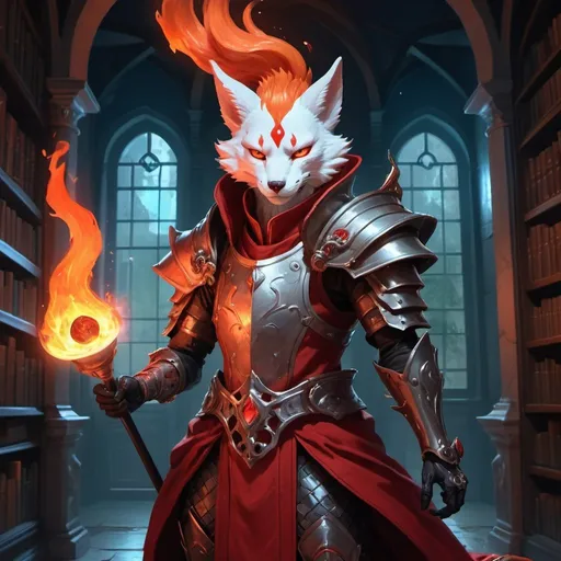 Prompt: A slender humanoid ginger kitsune in the stylish armor of a sorcerer with a metal rod in his hands creates a funnel of magical red flame in front of interior of a stone mansion with a library in the midnight, Dr. Atl, vanitas, league of legends splash art, cyberpunk art