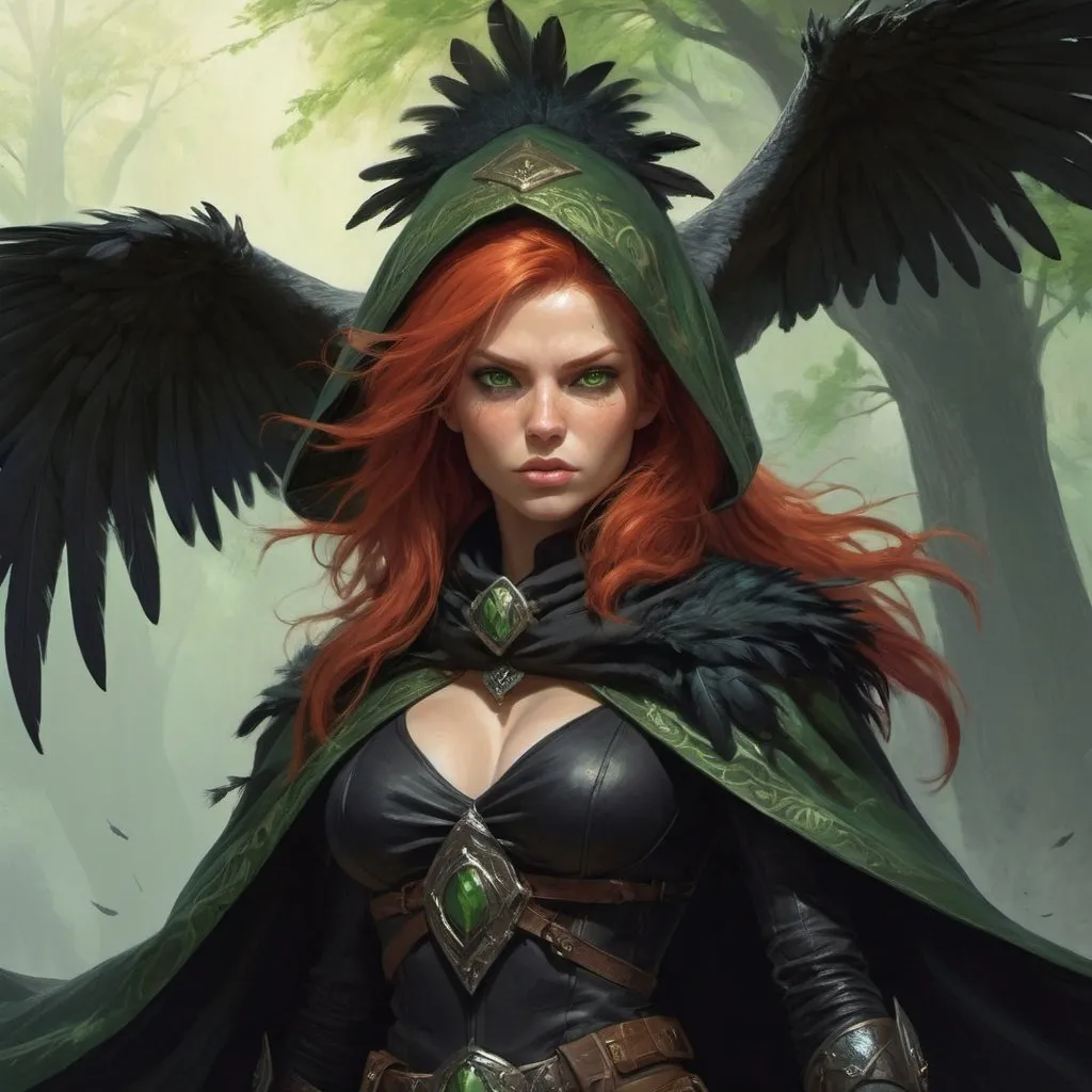 Prompt: a scandinavian woman monster hunter with red hair and green eyes wearing a black outfit and cape and a black scarf with green feathers on her head and a black snood around her neck and on her chest, full length, Donato Giancola, fantasy art, epic fantasy character art, concept art