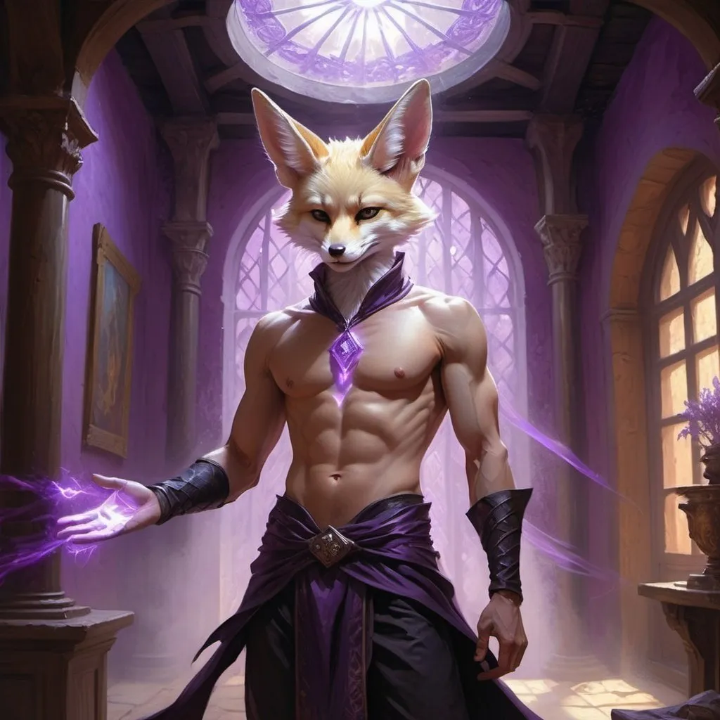 Prompt: male kitsune-fennec in a bare-chested revealing black outfit with purple energy covering his hand in front of the interior of an medieval aristocrat's house creates rays of purple energy, Donato Giancola, fantasy art, epic fantasy character art, concept art