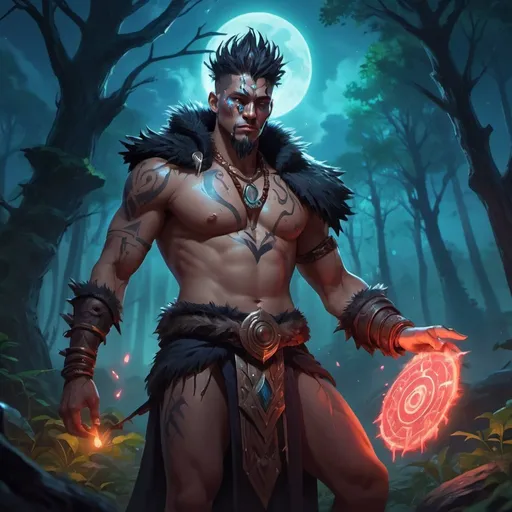 Prompt: a bare-chested shaman dressed like a medieval savage draws a magic seal in front of night forest, Dr. Atl, vanitas, league of legends splash art, cyberpunk art