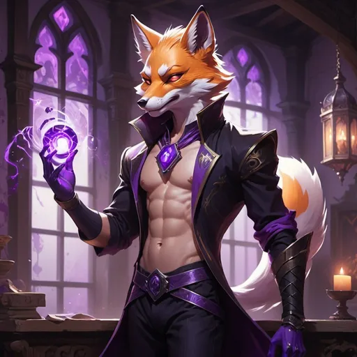 Prompt: male kitsune-fox in a bare-chested revealing black outfit with purple energy covering his hand in front of the interior of an medieval aristocrat's house creates rays of purple energy, Dr. Atl, vanitas, league of legends splash art, cyberpunk art